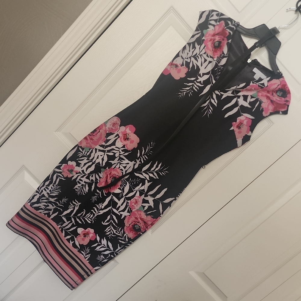 New York & Company Black Dress with Pink Floral Design